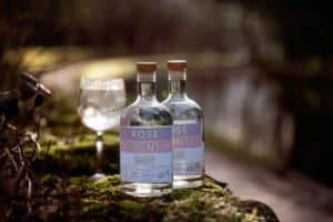 Rose County Gin with cork tops are placed on mossy ground next to a clear gin glass filled with a cocktail. A blurred outdoor background featuring a path and water adds a serene atmosphere to this picturesque brewery gallery scene.