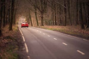 A red car travels down a deserted, winding road flanked by tall, bare trees on both sides. The road stretches into the distance, gradually curving and disappearing into the woodland. The atmosphere is serene with a hint of autumnal decay.