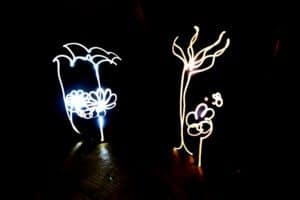 Light painting photography of two floral scenes on a black background: one with an umbrella and flowers, and the other with a tree and flowers, both drawn with white and yellow light trails.