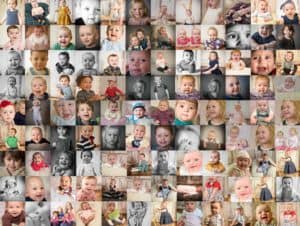 A collage of various babies and toddlers, each uniquely dressed and posed. The image showcases a mix of expressions and styles, with children in colorful outfits, different backgrounds, and various settings, creating a diverse and joyful collection of portraits.
