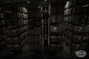 A worker in an orange vest operates a tall forklift, elevated high between shelves packed with stacked pallets inside a dimly lit warehouse. The TSP Studios logo is in the bottom right corner.