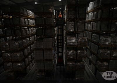 A worker in an orange vest operates a tall forklift, elevated high between shelves packed with stacked pallets inside a dimly lit warehouse. The TSP Studios logo is in the bottom right corner.