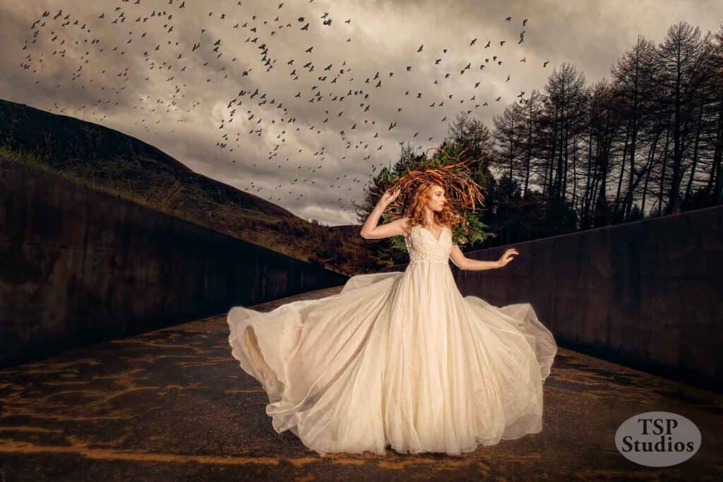 A woman in a flowing, light beige gown stands on a rustic path with a cloudy sky and flock of birds above. Trees line the horizon, creating a dramatic backdrop. She holds a bouquet of flowers and greenery, and the train of her dress sweeps gracefully behind her.