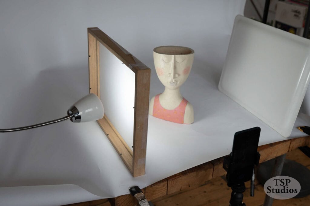 A photo setup in a studio features a lamp on the left, a framed light source, a mannequin head with a pink top and blushing cheeks, and a rectangular light panel on the right. The table has a "TSP Studios" logo at the bottom right corner.