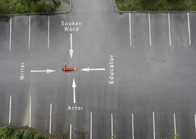 A person in red lies at the center of a four-way intersection in an empty parking lot, with white arrows labeled Writer, Spoken Word, Educator, and Actor pointing in different directions.
