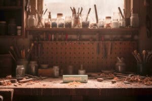 A cluttered woodworking bench with tools, jars, and wood shavings, lit by sunlight from a window. A box labeled "Milliput" is centered on the workbench.