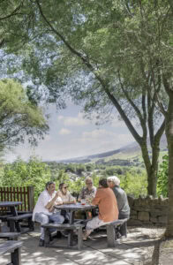 Five people sit at a wooden picnic table outdoors, talking and drinking, surrounded by trees and a scenic hillside view under a blue sky.